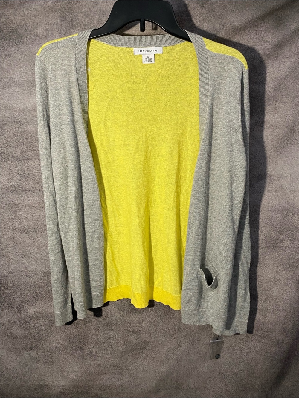 Liz Claiborne Women's Medium Grey & Chartreuse Yellow Cardigan Sweater